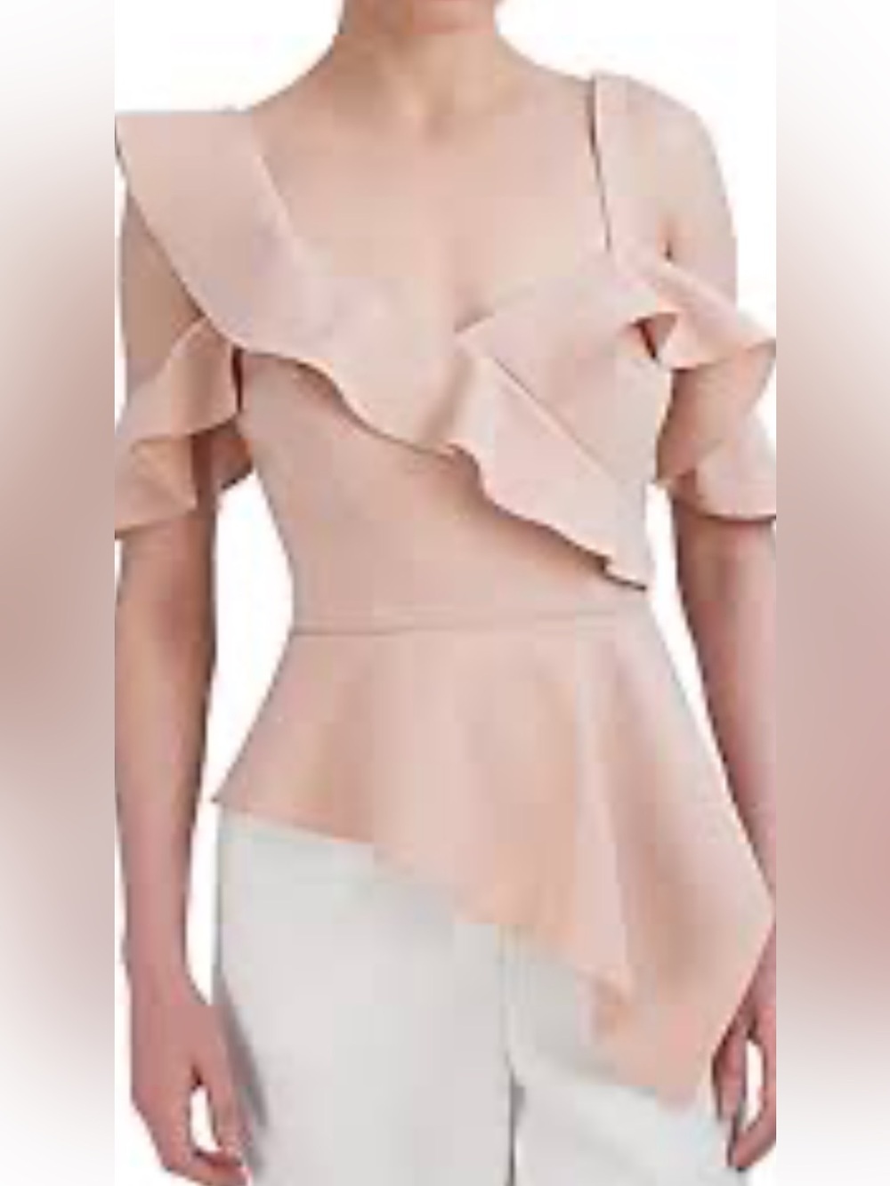 BCBGMaxAzria Blush One-Shoulder Ruffle Peplum Top Sz M